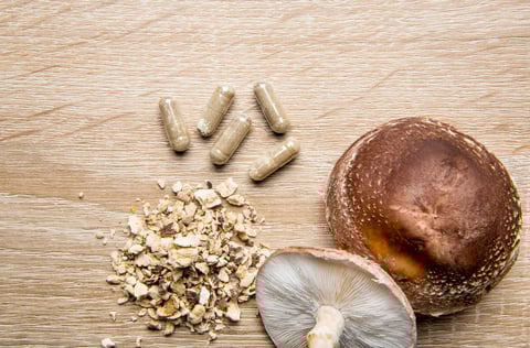 Shiitake mushroom supplement capsules with fresh mushrooms and powdered supplement on brown background