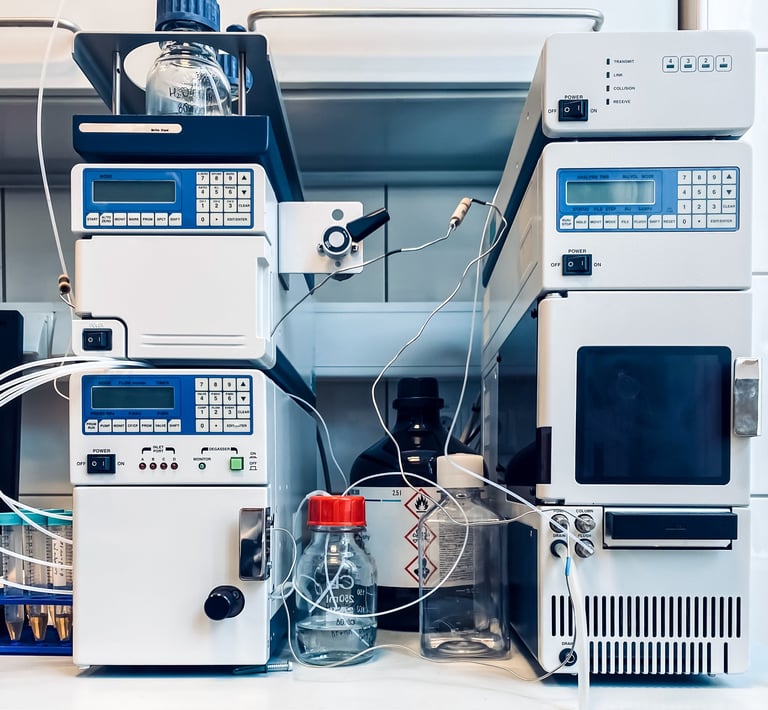High-performance liquid chromatography setup with pumping device, autosampler, and detector for measuring absorbance
