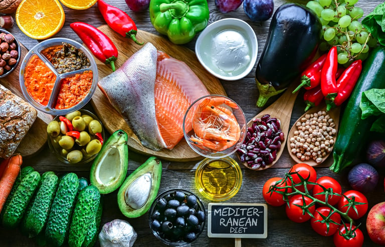 Food products representing the Mediterranean diet.