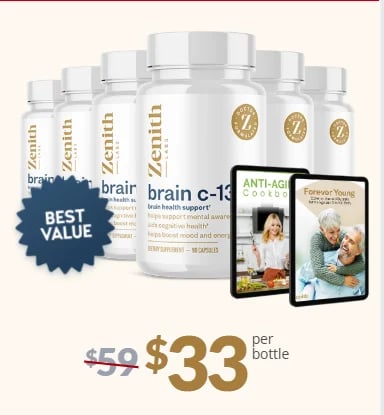 Six bottles of Zenith brain supplement with Best Value badge, priced at $33 per bottle