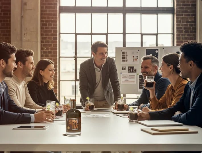 Business team in meeting around table, with standing man presenting to five seated colleagues in modern office with brick walls and large window