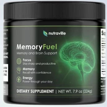 Nutraville MemoryFuel dietary supplement container with green brain illustration and memory and focus support claims
