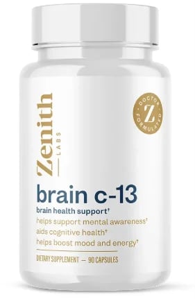 Zenith Labs Brain C-13 dietary supplement bottle with 90 capsules for brain health and cognitive support