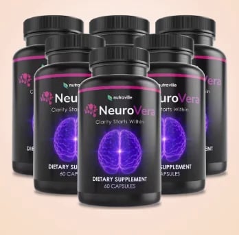 NeuroVera dietary supplement bottles with brain imagery on beige background
