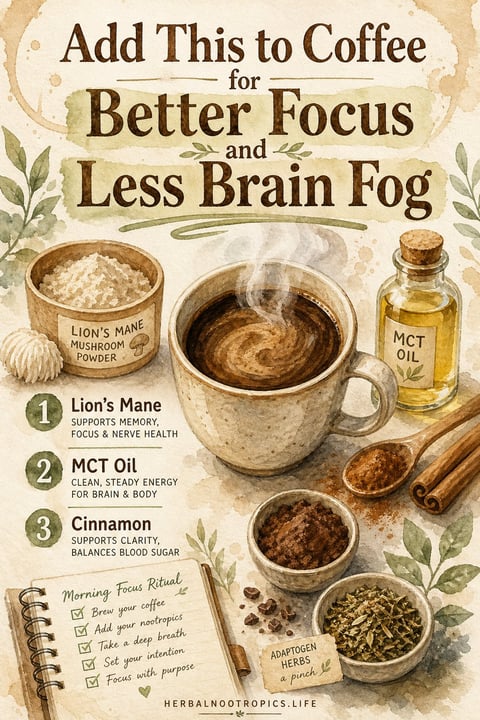 Infographic showing three coffee additives: Lions Mane mushroom powder, MCT oil, and cinnamon, with steaming cup and morning ritual checklist.
