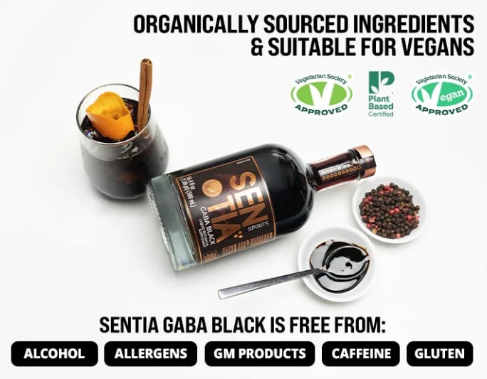 Sentia Gaba Black liqueur bottle with certification badges and ingredient information, free from alcohol, allergens, GM products, caffeine and gluten