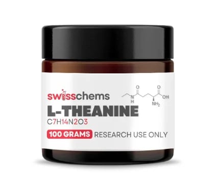 L-Theanine powder supplement container from Swisschems, 100 grams for research use only
