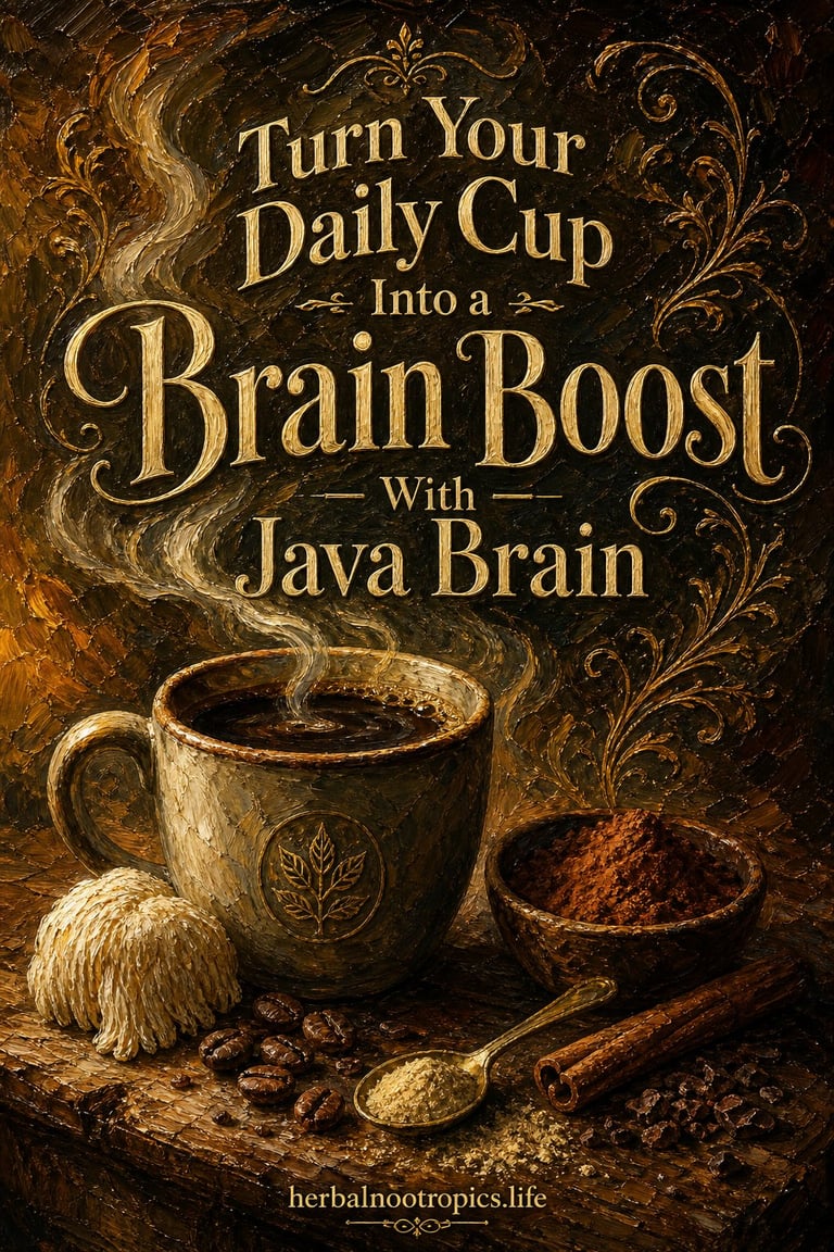 Vintage coffee poster advertising Java Brain supplement with ornate design, coffee mug, beans, and spices on dark background
