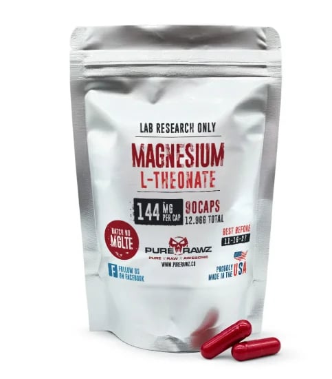 Magnesium L-Threonate supplement bottle with 90 red capsules, 144mg per serving from Pure Rawz