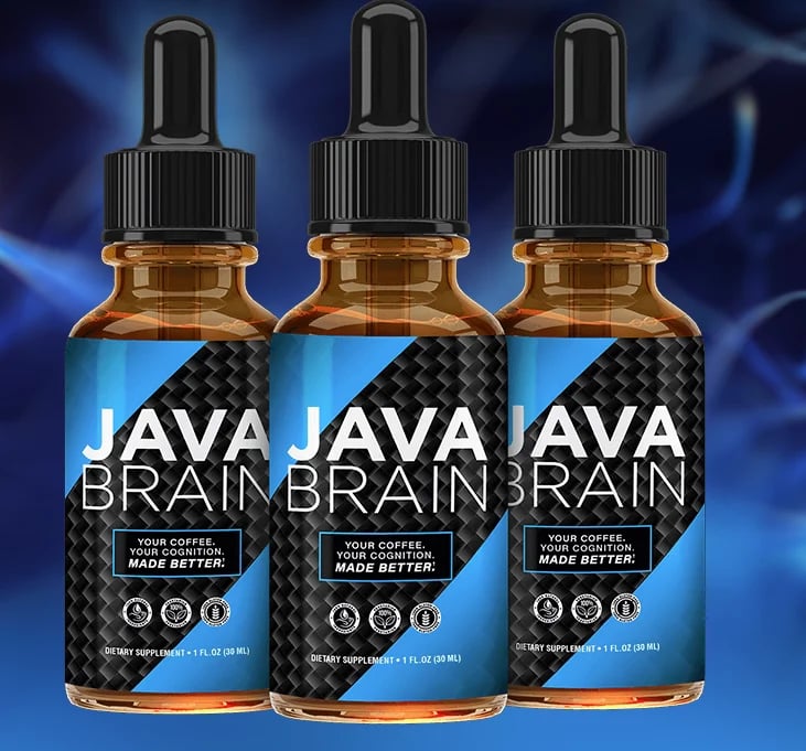 Three Java Brain dropper bottles with amber liquid and black caps on a blue background with carbon fiber design pattern