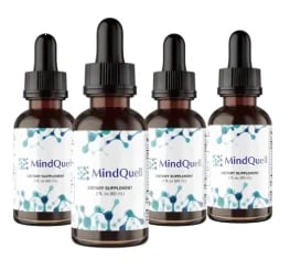 Four MindQuell dropper bottles with blue watercolor labels containing liquid supplements lined up in a row