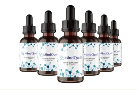 Six bottles of MindQuell cognitive supplement liquid with dropper caps arranged in a row