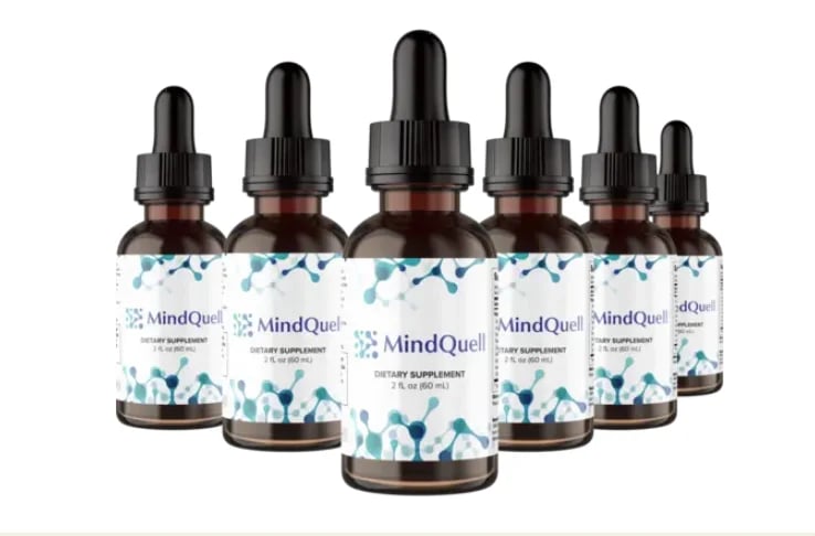 Six bottles of MindQuell cognitive supplement liquid with dropper caps arranged in a row