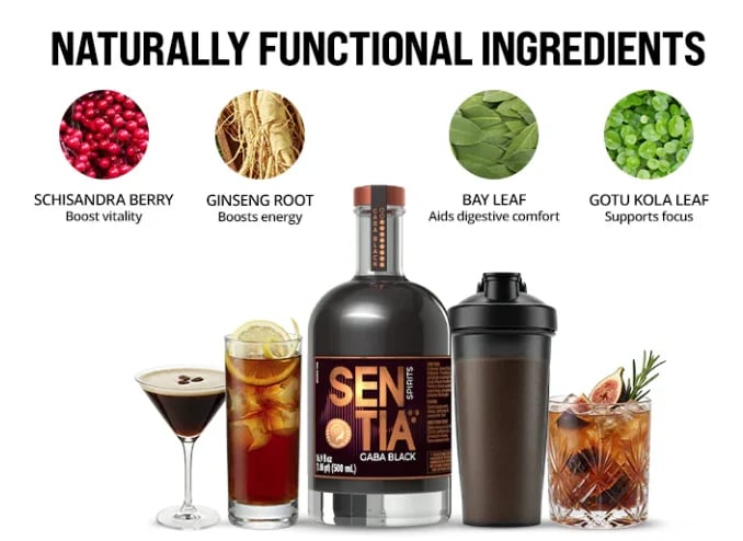 Sensia functional cocktail bottle with four natural ingredients displayed above it: schisandra berry, ginseng root, bay leaf, and gotu kola leaf, alongside three mixed drinks