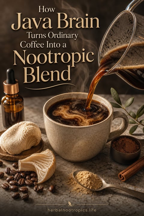 Coffee pouring into a mug surrounded by adaptogenic ingredients including mushrooms, ginger, cinnamon, and nootropic supplements