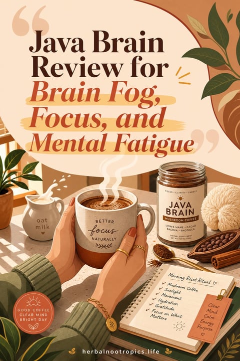 Illustrated flat lay promoting Java Brain supplement with coffee, oat milk, botanical elements, and morning ritual notepad against warm beige background