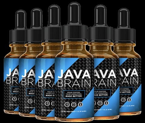 Six bottles of Java Brain liquid supplement with blue and black labels, dropper caps, and amber-colored liquid inside