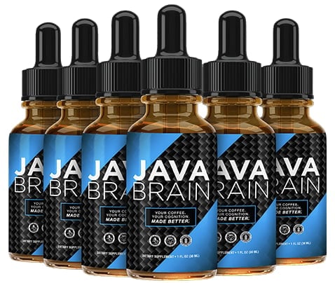 Six bottles of Java Brain coffee extract with dropper caps arranged in a row on white background