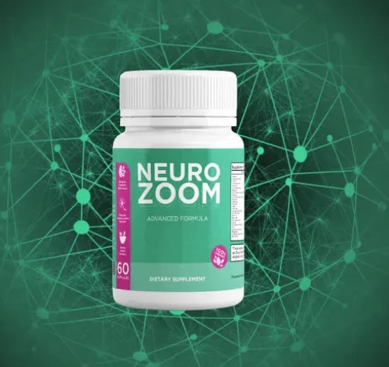 Bottle of Neuro Zoom dietary supplement with advanced formula on green neural network background
