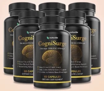 Five bottles of CogniSurge brain supplement capsules with black labels and dark containers on beige background