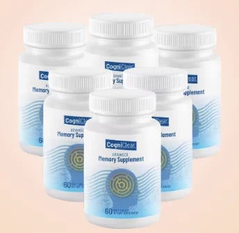Six white bottles of CogniClear Memory Supplement with blue labels arranged on a beige background